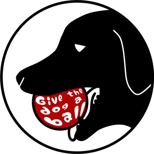 give the dog a ball logo, dog with red ball in mouth